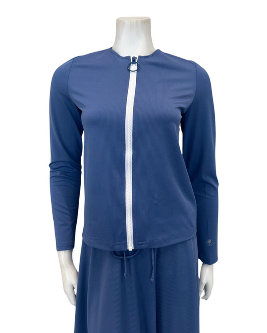 Seashells S7024 Blue Ribbed Zip Up Swim Top myselflingerie.com
