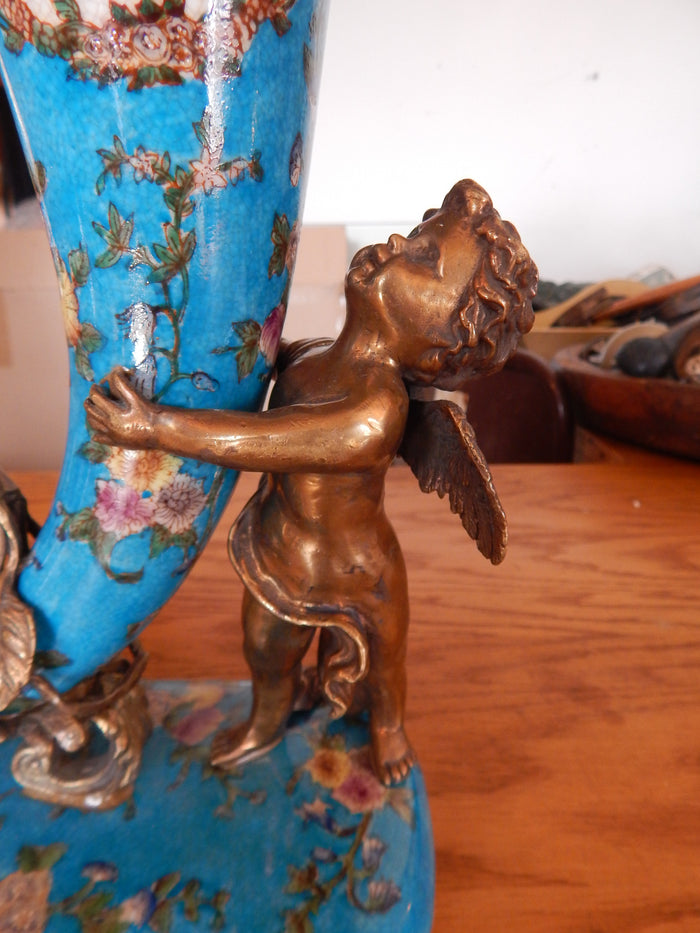 Sevres Porcelain - Blue Cornucopia Vase French w/ Gilt Bronze Ormolu Cherub-Jantiques LLC.