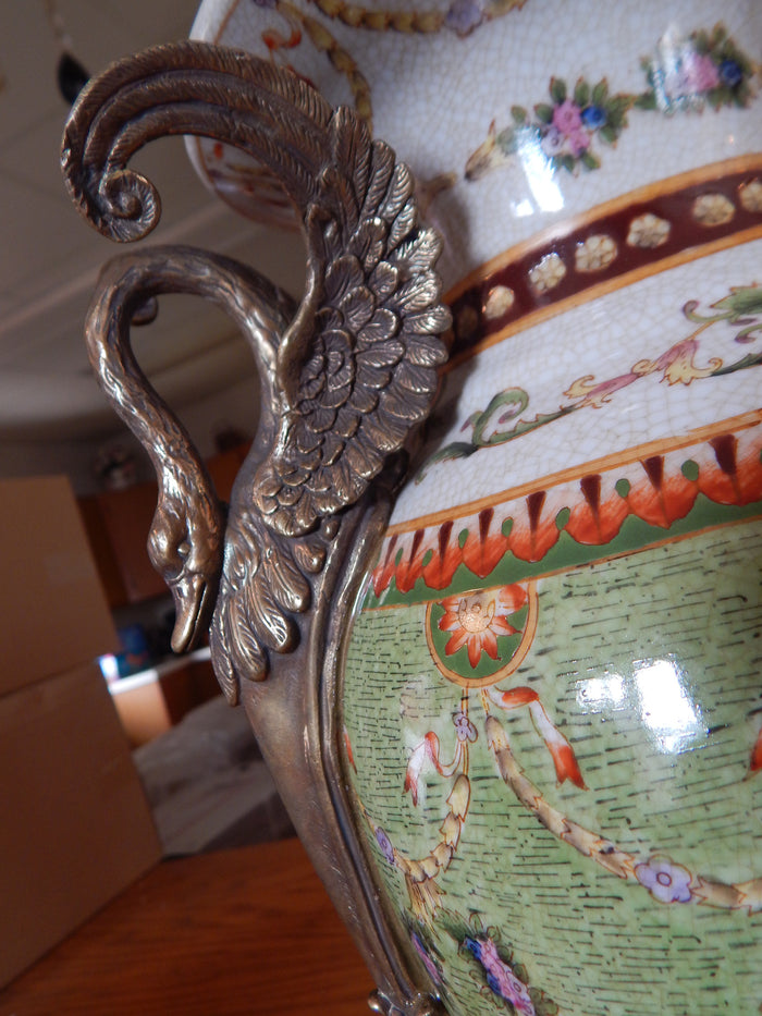 Sevres Porcelain - Green Vase French w/ Gilt Bronze Ormolu Swan Handles-Jantiques LLC.