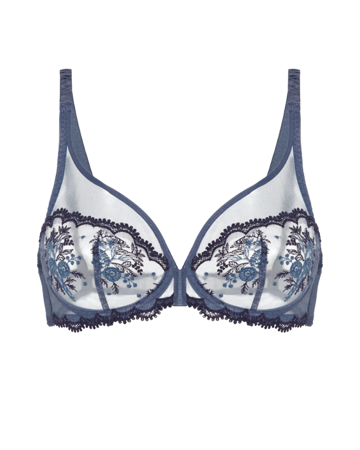 Simone Perele 1E2319 Cinder Blue Intrigue Sheer Plunge Underwire Bra Myselflingerie.com