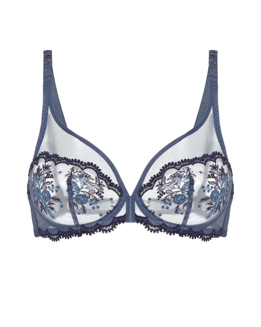 Simone Perele 1E2319 Cinder Blue Intrigue Sheer Plunge Underwire Bra Myselflingerie.com