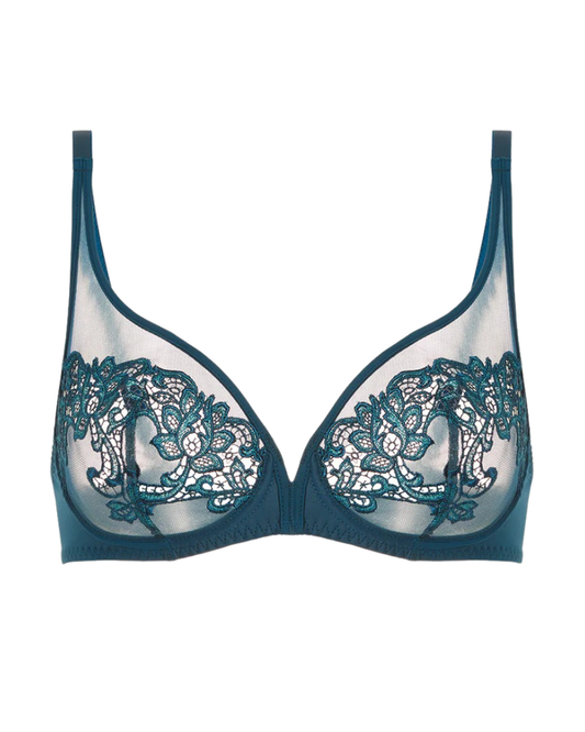 Simone Perele Prestige Blue Saga Sheer Plunge Underwire Bra Myselflingerie.com