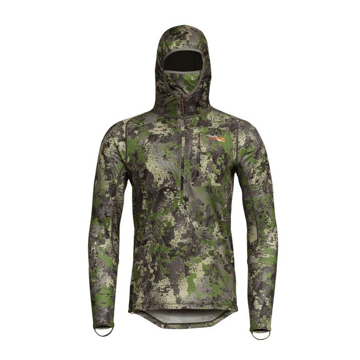 Sitka Core Lightweight camo hoody with integrated face mask, chest pocket, and thumb loops in a performance stretch knit.