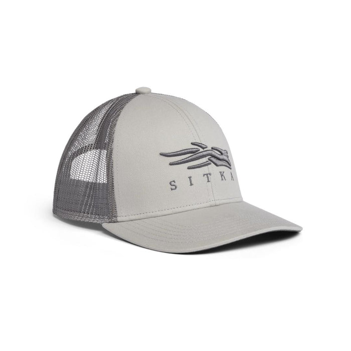 Light gray Sitka Icon Mid Pro trucker cap with a cotton twill front, breathable mesh back, and embroidered logo.