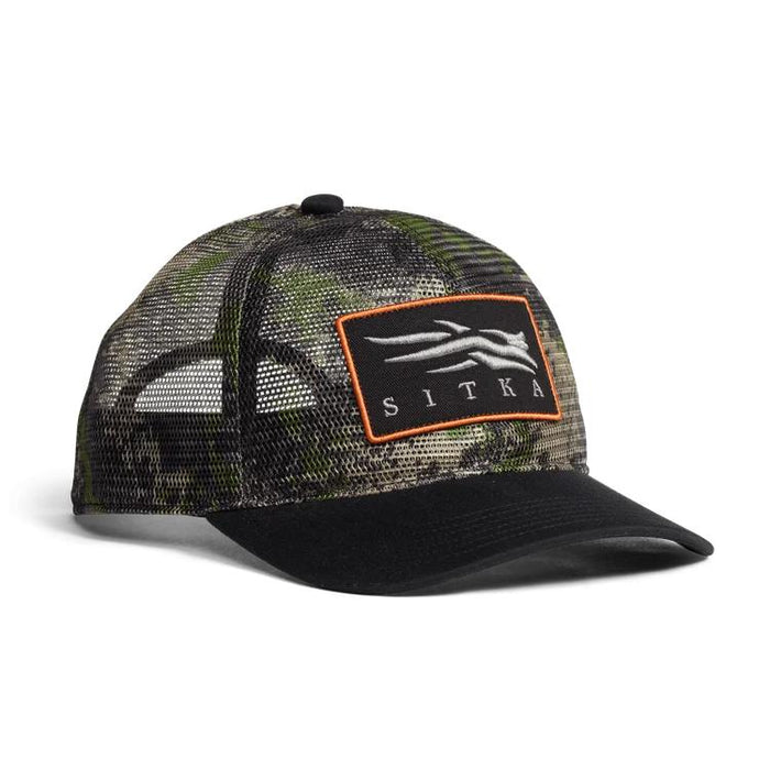 Sitka Icon trucker cap in Optifade camo with full mesh back, black brim, and orange logo patch.