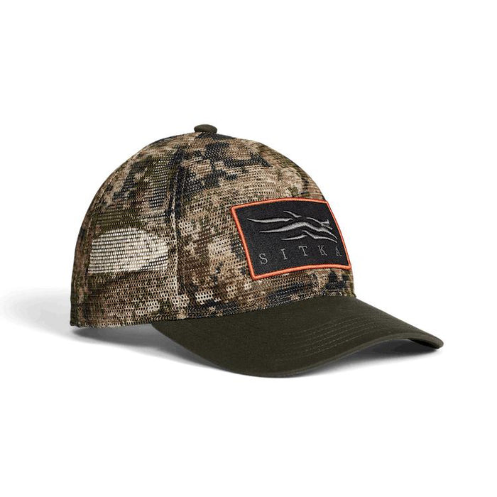 Sitka Optifade camo mesh trucker cap with a solid olive brim and a prominent branded logo patch on the front.