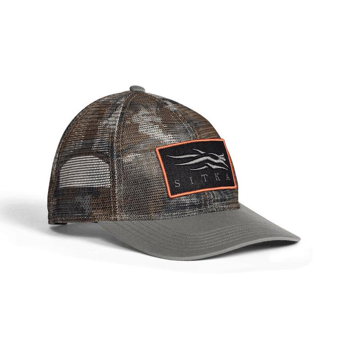 Sitka Optifade camo mesh trucker cap with a grey brim and black logo patch with orange trim.