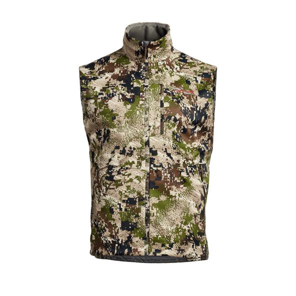 Sitka Jetstream windproof softshell vest in camouflage print with a high collar and full-zip front closure.