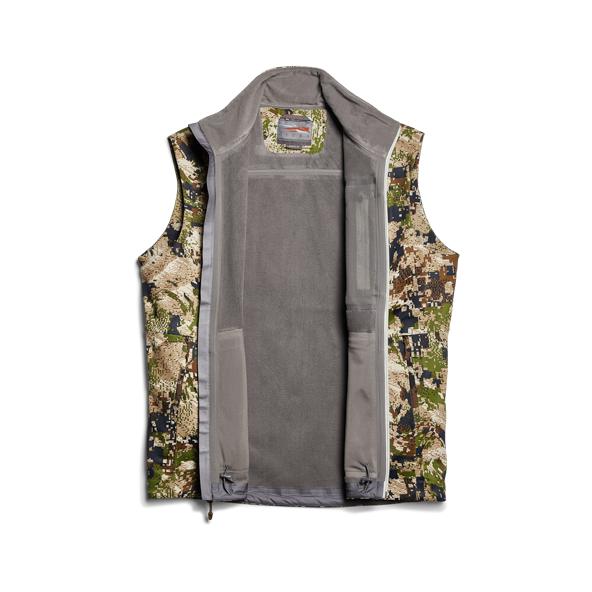 Sitka Jetstream vest in camo print, featuring a grey micro-grid fleece interior and a full-zip windproof softshell design.