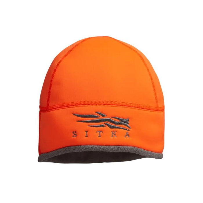 Bright orange Sitka Jetstream windproof beanie with a grey logo and soft fleece lining for hunting.