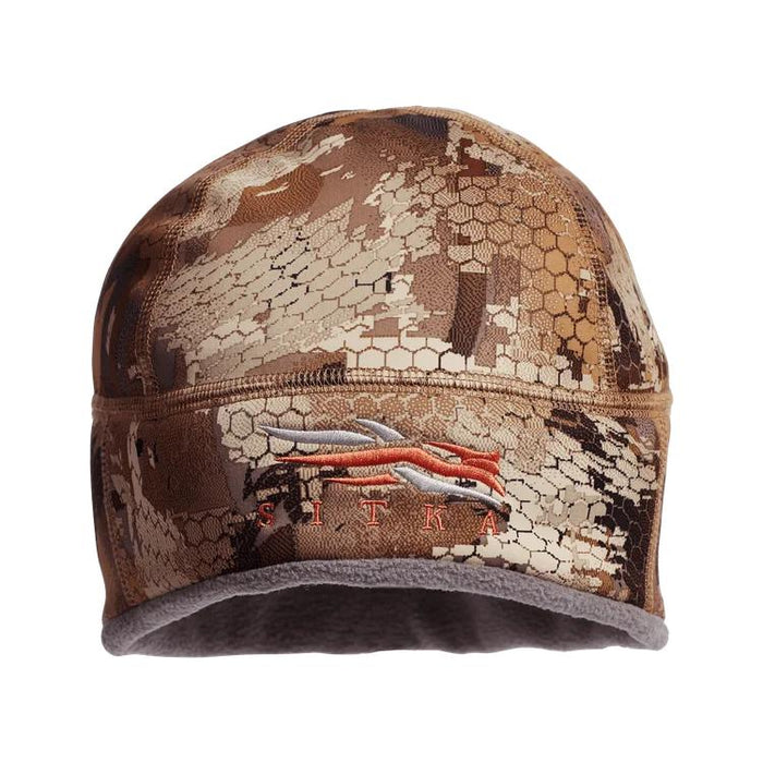 Sitka Jetstream WS beanie in camo print with a grey fleece lining and embroidered Sitka logo on the front.