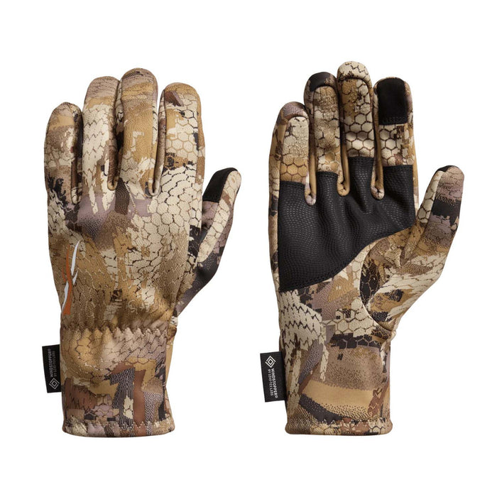 Sitka Jetstream WS gloves in camo print with black synthetic leather palms and Windstopper branding on white background.