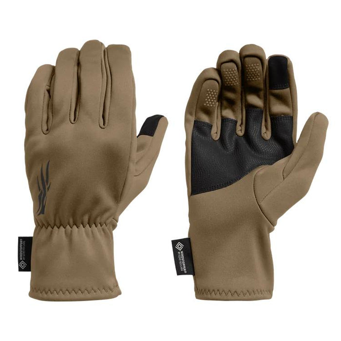 Tan Sitka Jetstream WS gloves featuring a Windstopper shell, black synthetic leather palms, and touchscreen-compatible tips.