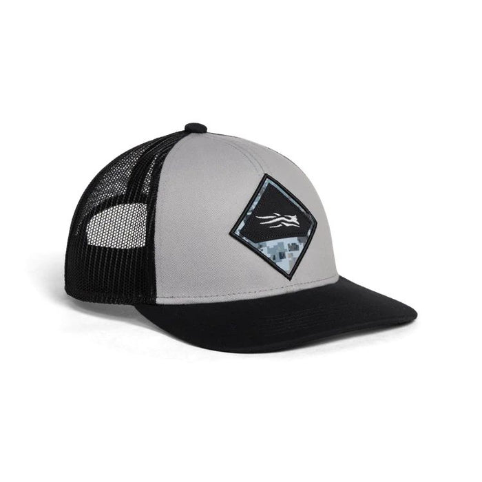 Sitka Mid Pro trucker hat in field gray and black with an Elevated II camo badge and snap-back closure.