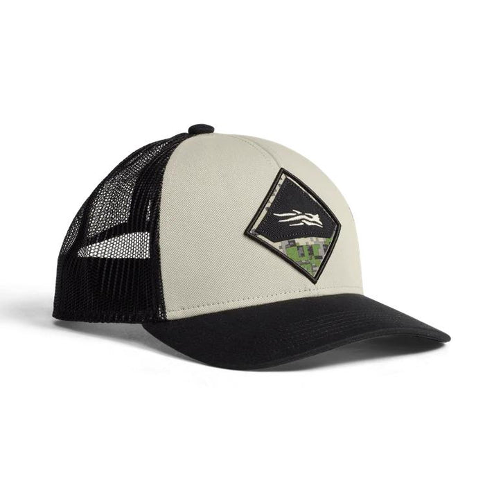 Sitka Mid Pro trucker hat in field gray with a black brim, mesh back, and an Elevated II camo embroidered badge.