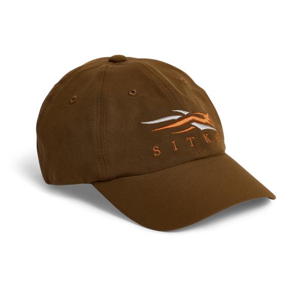 Brown Sitka Traverse cap featuring an embroidered logo, durable water-repellent fabric, and a structured six-panel design.