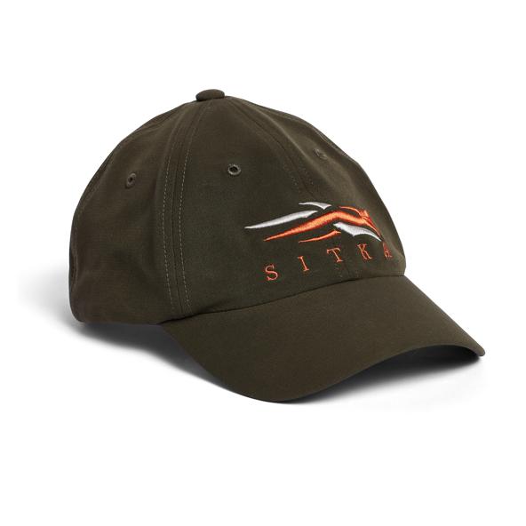 Olive green Sitka Traverse cap featuring an embroidered logo with orange and white accents on a durable, water-repellent fabric.