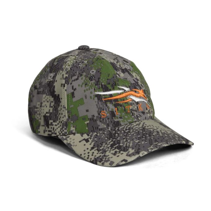 Sitka Traverse cap in green digital camo with an orange embroidered logo and adjustable back closure.
