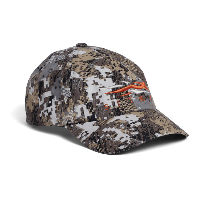 Sitka Traverse cap in digital camo print with an embroidered orange logo and adjustable back closure.