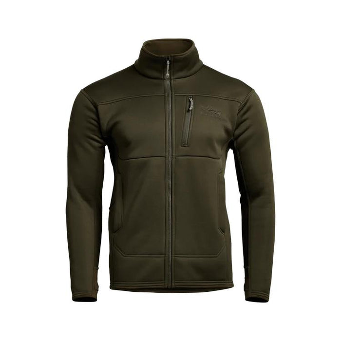 Olive green Sitka Traverse fleece jacket with a full-zip front, stand-up collar, and zippered chest pocket.