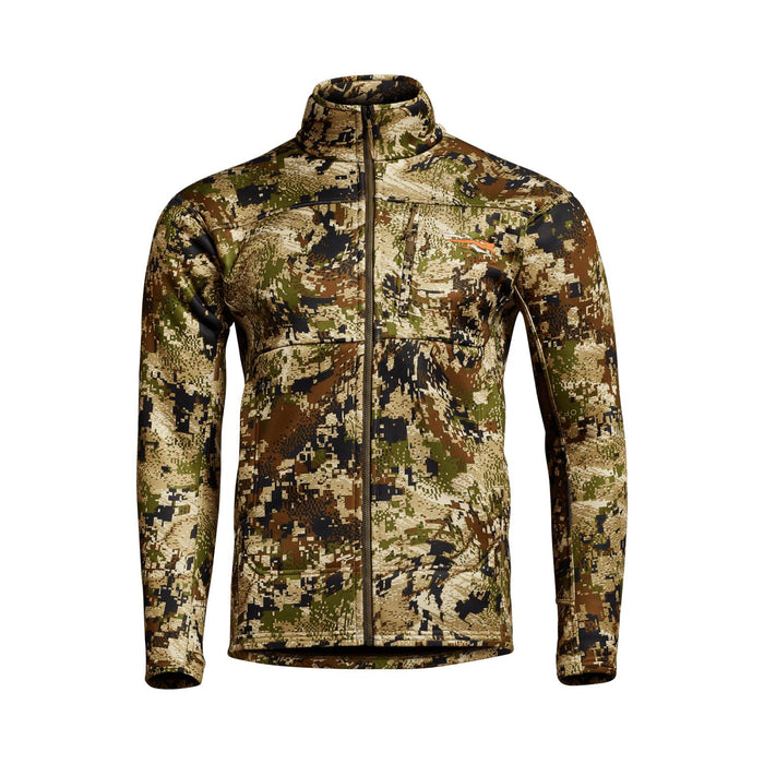 Sitka Traverse hunting jacket in camo print with a full-zip front, high collar, and chest pocket.