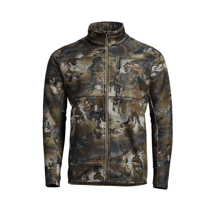 Sitka Traverse camo hunting jacket with a full-zip front, high collar, and chest pocket in a quiet polyester knit.