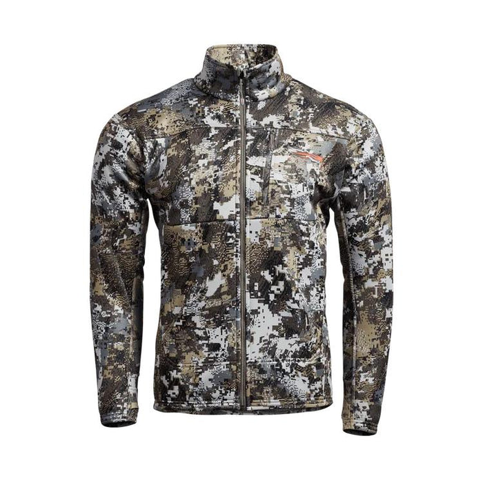 Sitka Traverse jacket in Optifade camo with a full-zip front, high collar, and chest pocket on a white background.