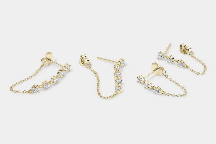 SKN Collections - Vermeil Multi CZ Diamond Chain Stud Earrings- Long