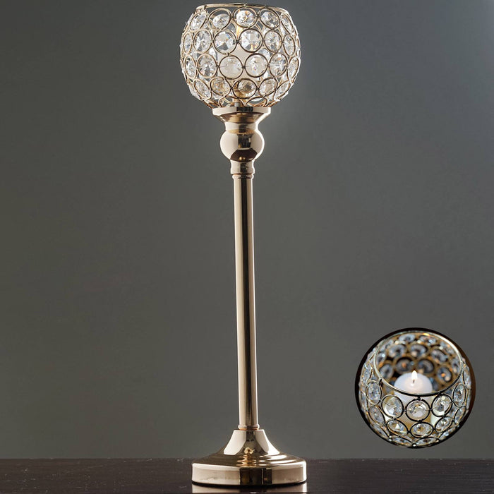 Sleek Pillar Crystal Votive Tealight Candle Holder Wedding Centerpiece - Gold - 16" Tall