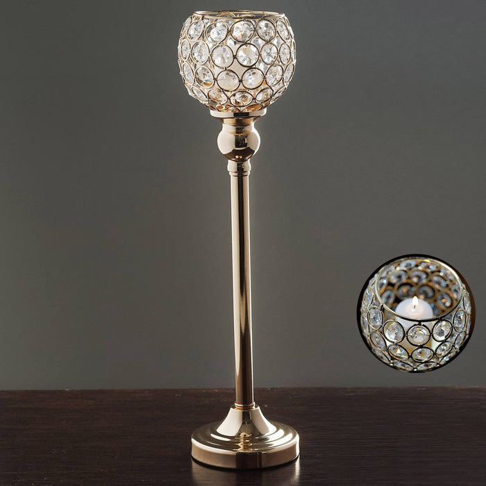 Sleek Pillar Crystal Votive Tealight Candle Holder Wedding Centerpiece - Gold - 16" Tall