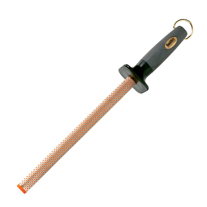 10-inch diamond-coated oval sharpening rod with a grey soft-grip handle and protective black hand guard.
