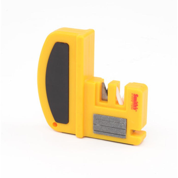 Yellow Smith's 2-stage knife and hook sharpener with a black soft-grip handle and integrated line cutter on a white background.