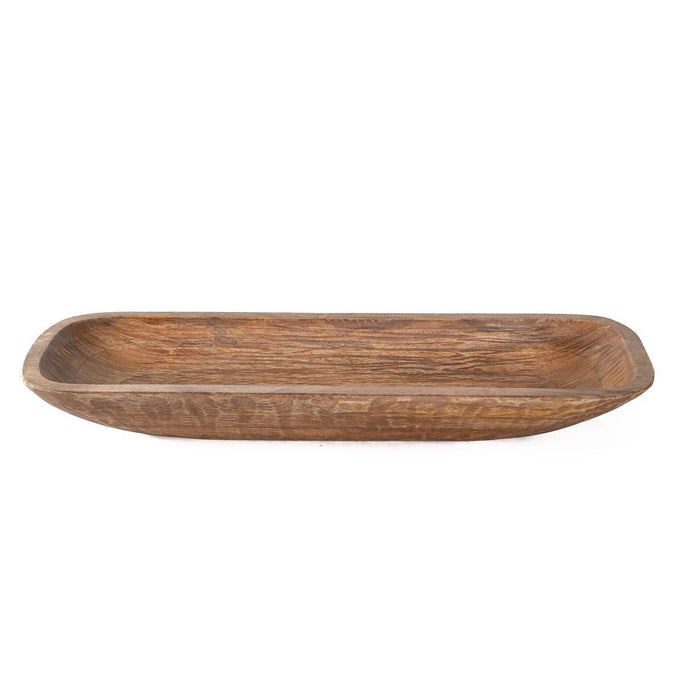 Hand-carved rectangular dough bowl in a rustic smoky wood finish with natural grain textures for farmhouse decor.