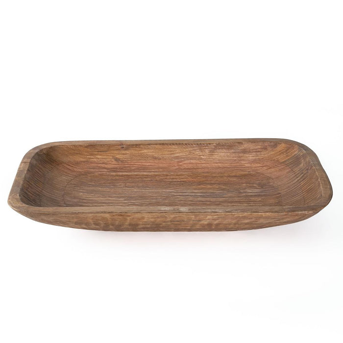 Hand-carved rectangular dough bowl in a rustic smoky wood finish with natural grain textures on a white background.