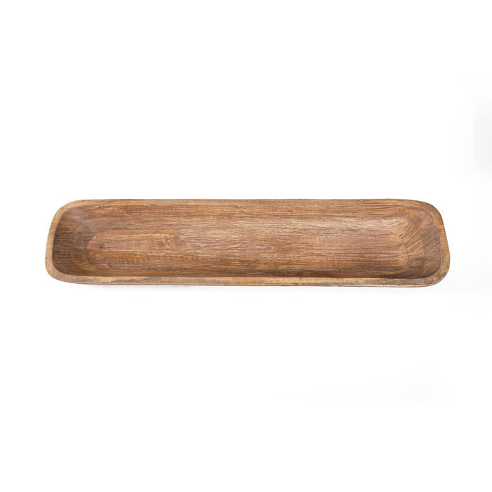 Hand-carved rectangular smoky wood dough bowl with a rustic farmhouse finish and natural wood grain texture.