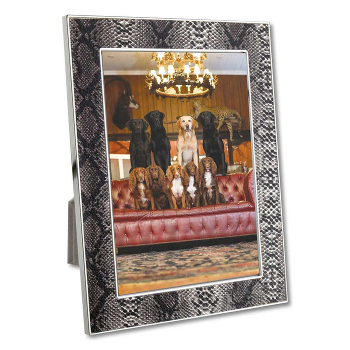 Contemporary faux snakeskin photo frame with a silver-plated border and grey velvet back, suitable for portrait display.