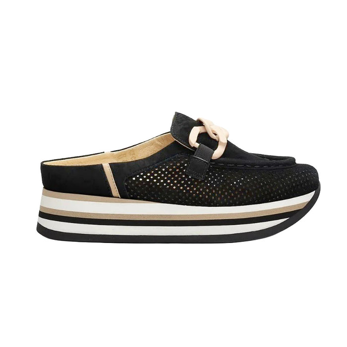 Black perforated suede wedge slip-on sneaker with a beige chain detail and striped platform sole.