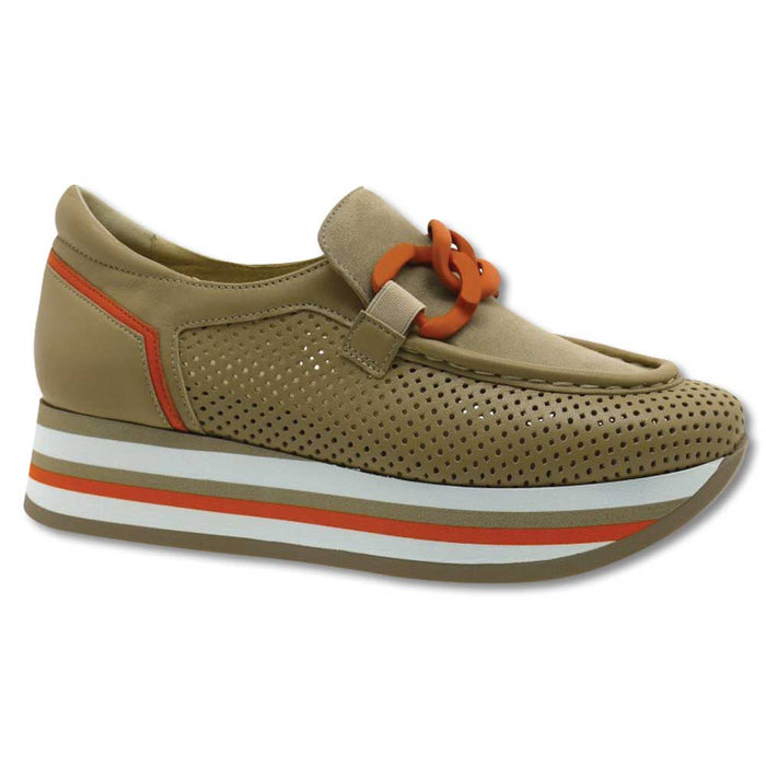 Tan suede platform loafer sneaker with perforated details, orange chain accent, and a striped wedge sole.