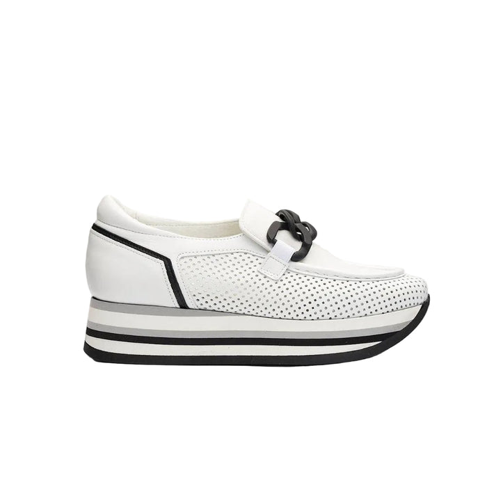 White perforated leather platform sneaker with a black chain detail and striped wedge sole.