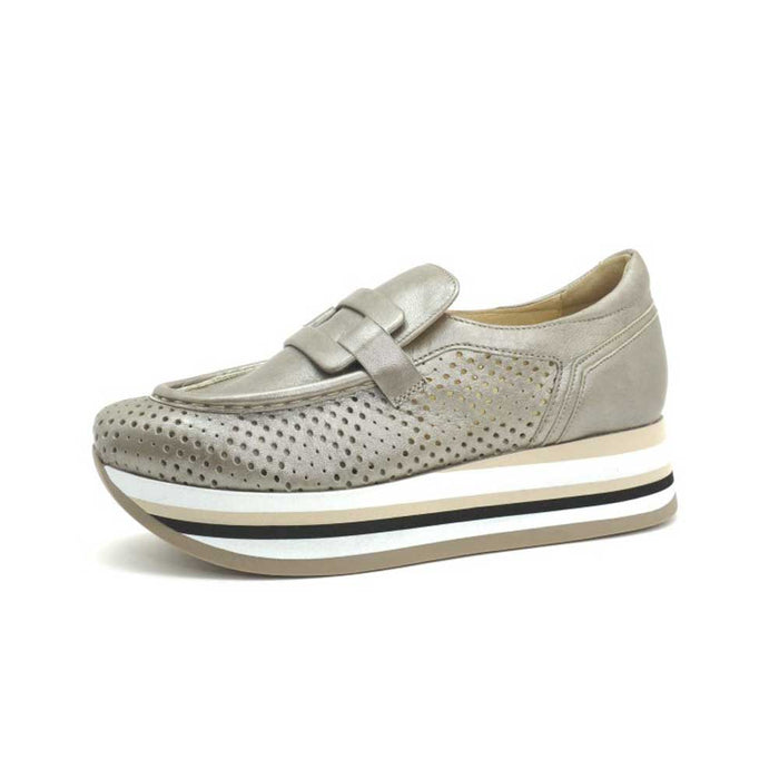 Softwaves Cher metallic leather sneaker with perforated detailing and a striped platform sole.