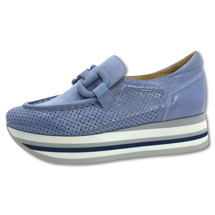 Softwaves Clarice periwinkle blue leather sneaker with a perforated finish, decorative buckle, and striped platform sole.