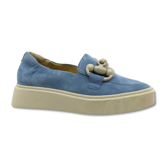 Softwaves Tais blue suede platform slip-on shoe with a beige chunky horsebit detail and thick rubber sole.