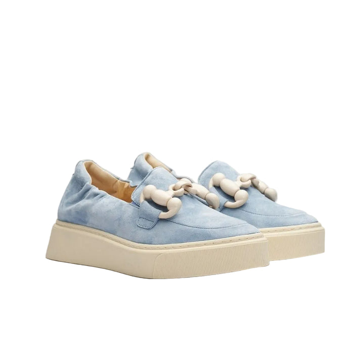 Softwaves Tais light blue suede slip-on platform shoes with a chunky cream chain detail and thick rubber sole.