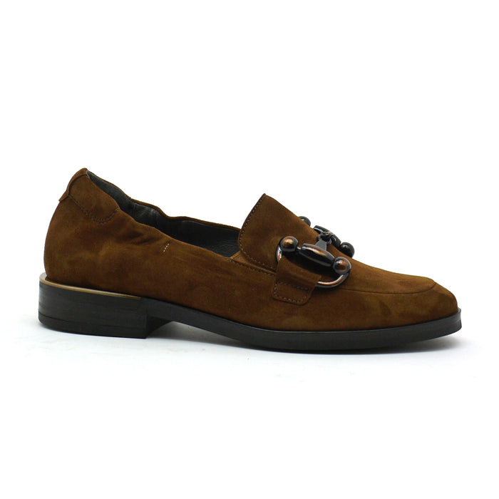 Softwaves Gladis brown suede slip-on loafer with a decorative metallic bit detail and a comfortable flat sole.