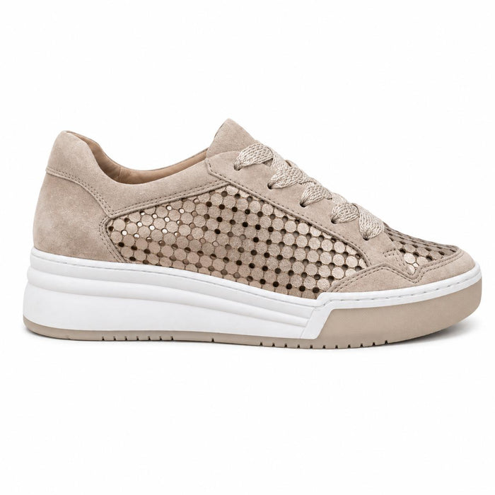 Softwaves Lua beige suede sneaker with laser-cut metallic circular patterns, lace-up closure, and a white platform sole.