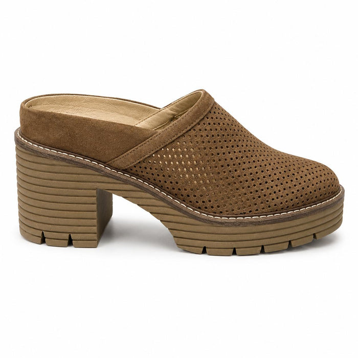 Softwaves Mansi brown suede mule heel with a perforated upper and a chunky, ridged rubber platform sole.