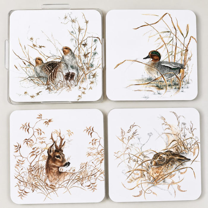 Set of four square acrylic coasters featuring detailed watercolor wildlife illustrations of a deer, hare, duck, and birds.