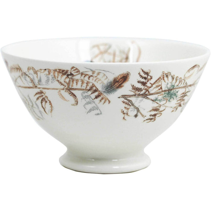 White ceramic Sologne large bowl featuring a delicate brown fern and feather botanical print on a pedestal base.
