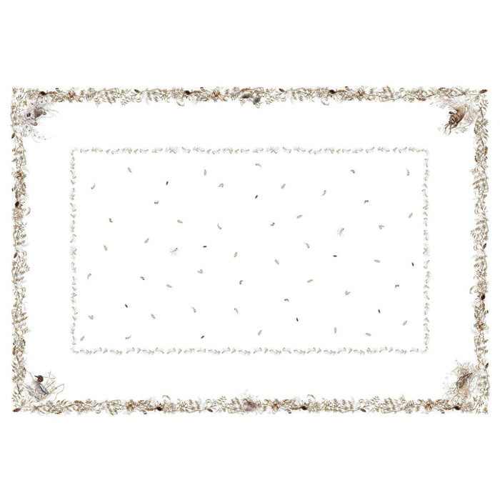 Rectangular 100% cotton tablecloth featuring a white center with delicate nature-inspired forest animal motifs.