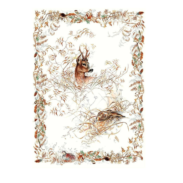 Set of two soft cotton Sologne tea towels featuring a detailed woodland deer and rabbit illustration with autumn foliage.